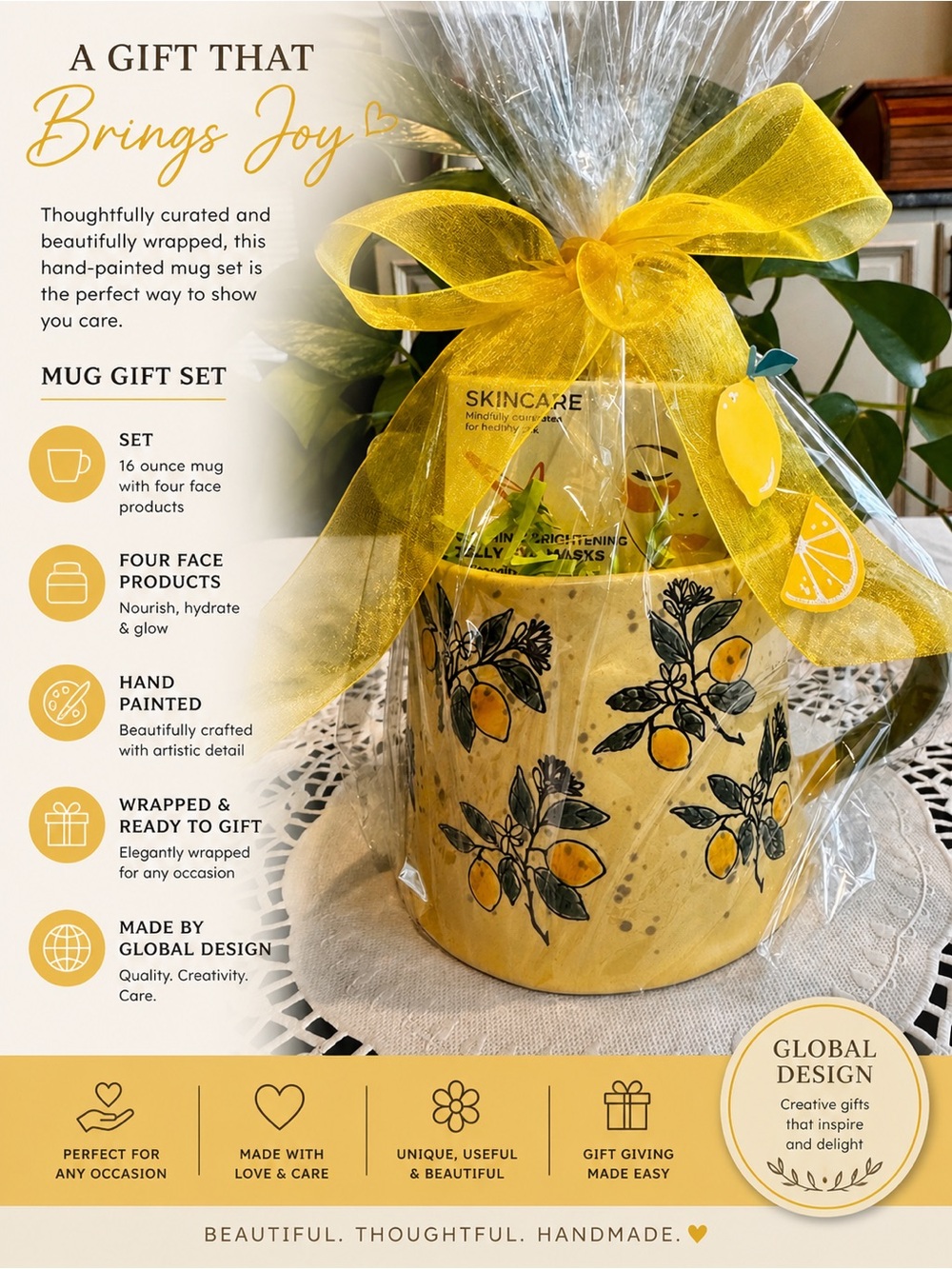Ceramic Lemon Pattern Mug Gift Set 16 oz mug stuffed with face care products